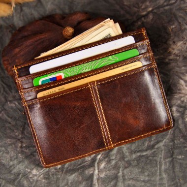 Mens Womens Unisex Genuine Cow Cowhide Vintage Leather Business Credit Card Case Holder ID Window Slim Wallet Front Packet
