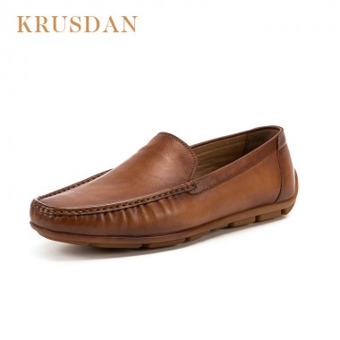 KRUSDAN 2018 New Slip on Men Shoes Handmade Genuine Leather Men Loafers Soft Shoes Casual Brand Comfortable Man Flats Shoes