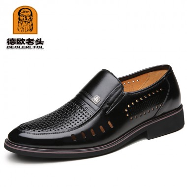 2018 Men Summer Leather Shoes Pointed toe Quality Cowhide Black Leather Soft Man Breathble Hole Shoes