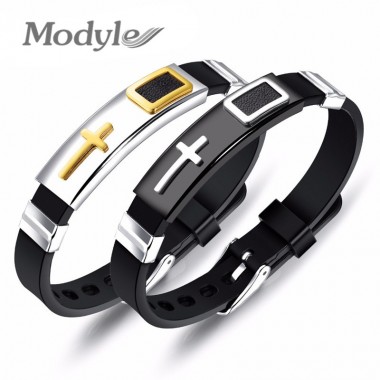 Modyle New Punk Stainless Steel Gold Silver Color Cross Silicone Strap Bracelet For Men