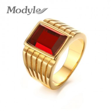 Modyle 2017 New Big Red Stone Rings for Men Jewelry Cool Gold-Color Large Rings Party Jewelry New Gothic Male Rings