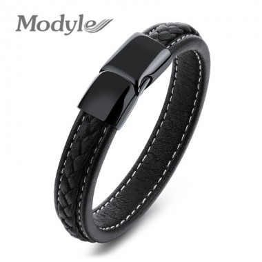 Modyle Fashion Men Genuine Leather Bracelet Stainless Steel Cool Bracelets & Bangles Male Punk