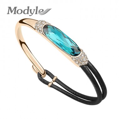 Modyle Gold-Color Austrian Crystal Fashion Charms Leather Bracelets Bangles Free Shipping