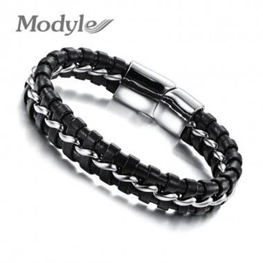 Modyle 2017 Fashion Handmade Genuine Leather Knitted Man Bracelets & Bangles Punk Style Stainless Steel Silver Men Jewelry
