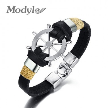 Modyle 2018 New Fashion Rudder Men Bracelet Bangle Double Layer Leather Classic Vintage Daily Sport Sailing Jewelry