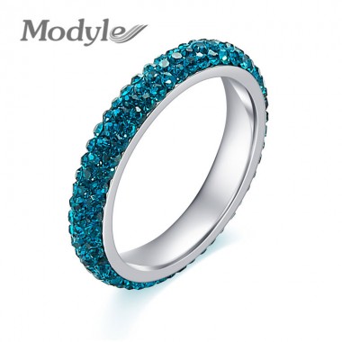Modyle Full Size three row clear blue crystal Stainless steel Wedding rings fashion jewelry Made with Genuine CZ Crystals