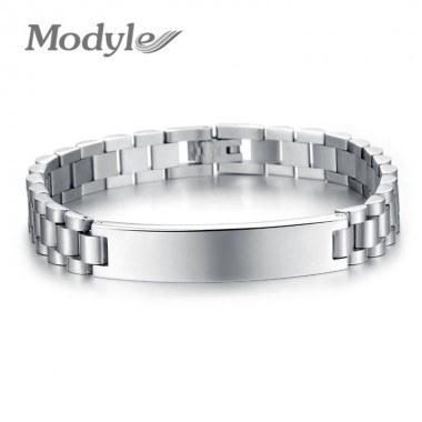 Modyle Personality Engraved Brand Men Link Chain Bracelet Fashion Casual Sporty Stainless Steel 21CM Long Jewelry Bangle