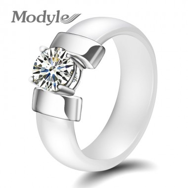 Modyle New Brand White Black Fashion Jewelry Women Ring With AAA Crystal 6mm Ceramic Rings For Women Men