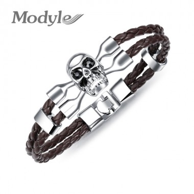 Modyle Vintage Black Skull Bracelets Bangles Hand Made Top Quality Leather Skeleton Bracelet Men Jewelry