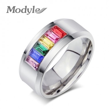 Fashion Crystal Rainbow Wedding Rings for Men and Men Wholesale Gay Stainless Steel Ring Free Shipping