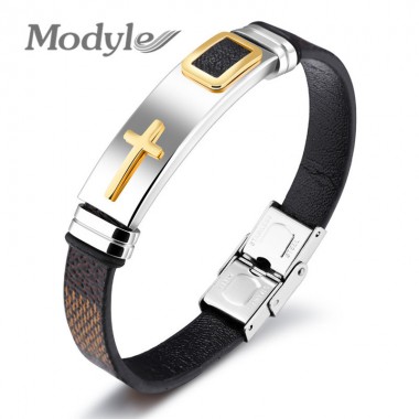 Modyle 2018 New Fashion Brown&Black PU Leather Bracelets Bangles for Men and Women Retro Cross Charm Bracelets