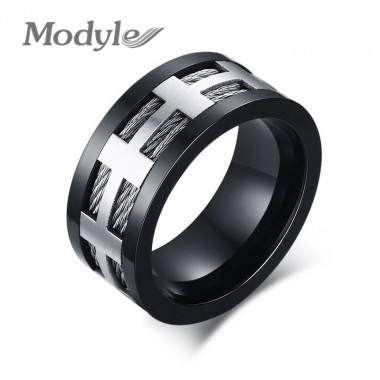 Modyle Black Punk Men Ring 10mm Wide Fashion Stainless Steel Cross Charm Wedding Rings for Men