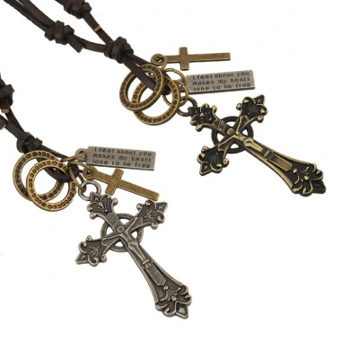 1pcs Vintage Cross Alloy Circle Pendant Leather Chain Necklaces Accessories Fashion Jewelry For Women Men Crucifix Necklace
