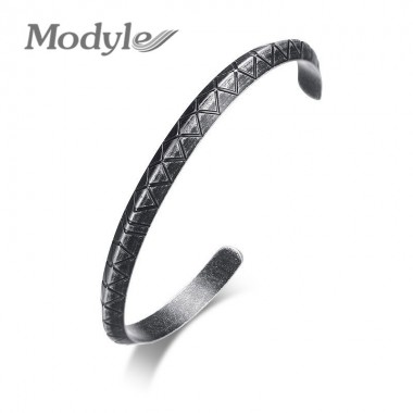 Modyle Retro Viking Cuff Bracelet Bangle for Men Women Pulseira Male with Vintage Silver Tone Stainless Steel Engraved Lines