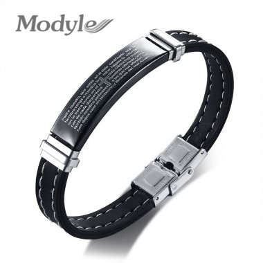 Modyle New Fashion Men Black Silicone Leather Bracelet Stainless Steel Bible Charm Bracelet Cool Men Jewelry