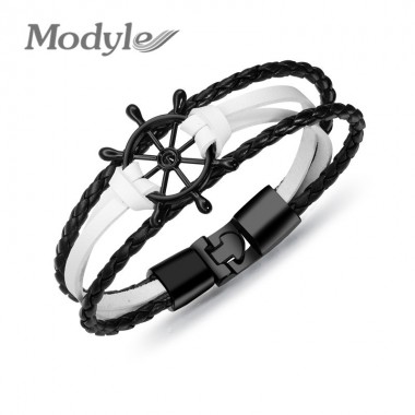 Modyle 2018 New Fashion Multilayer Leather Jewelry Stainless Steel Sailor Rudder Bracelet For Man
