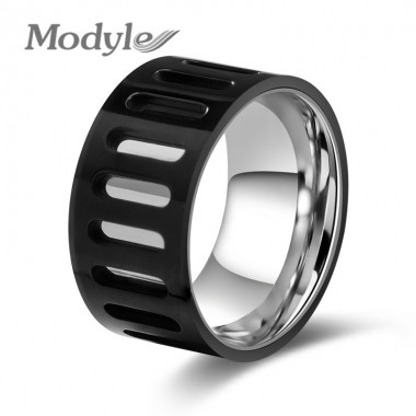 Modyle Men Stainless Steel Rings Personalized Design Black Color Surface Width 12MM Male Party Jewelry
