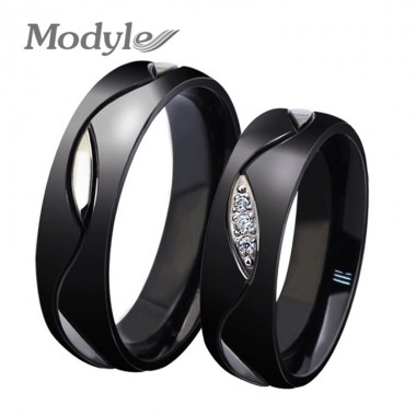 Modyle Fashion stainless steel couple rings for women men with imitation black wedding ring punk jewelry