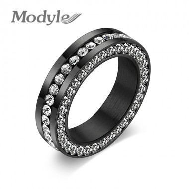 Modyle Brand Full Set Rhinestone Crystal Stainless Steel Rings For Women And Men Gold-Color Wedding Ring