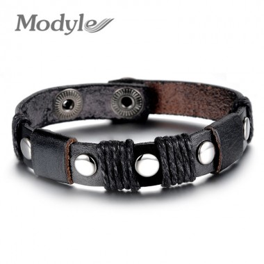2018 Fashion Jewelry Vintage Punk Accessories Bangles Cool men Genuine Leather Stainless Steel Buckle Adjustable Bracelets
