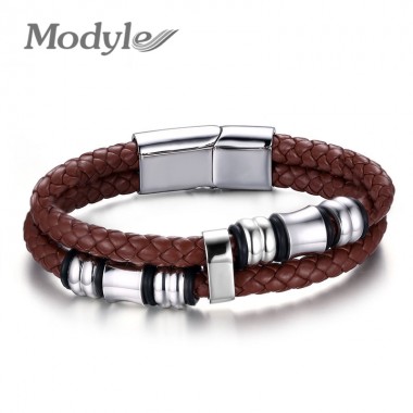 2018 New Fashion Men Bracelets & Bangles Brown Casual Style Wear Sets Men Bracelets Leather Stainless Steel Wristband Bangles