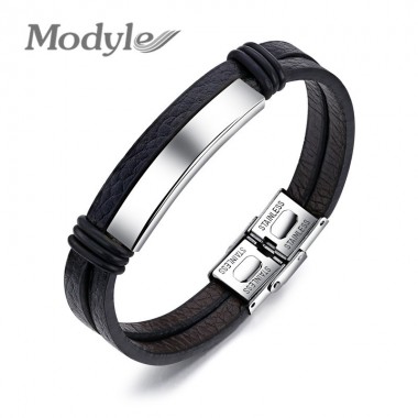 Modyle New Classic 100% Genuine Leather Handmade Three Color Stainless Steel Bracelet For Men