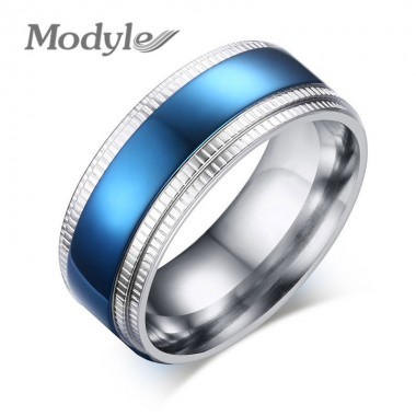 Modyle New Brand Blue Men Rings Stainless Steel Gold-Color Wedding Ring for Men