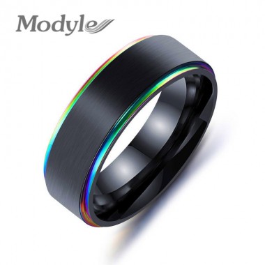 Modyle 2018 New 316L Stainless Steel Finger Ring Men 7mm Width Cool Dull Polished Multicolor Biker Rings Engraved Jewelry