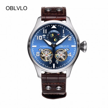 OBLVLO Mens Pilot Watches Blue Dial Brown Leather Strap Automatic Watches Steel Tourbillon Watches with Calendar OBL8232