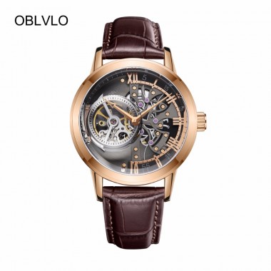 OBLVLO Fashion Casual Watches Analog Skeleton Watches Rose Gold Automatic Watches with Sapphire Crystal OBL8238
