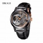 OBLVLO Designer Skeleton Watches for Men Fashion Black Steel Automatic Watches Genuine Leather Band Analog Watches OBL8238