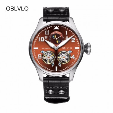 OBLVLO Pilot Watches Double Tourbillon Mechanical Watch for Men Leather Strap Brown Dial Top Aviation Watches OBL8232