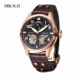 OBLVLO Mens Sport Watches Rose Gold Automatic Watches Tourbillon Calendar Pilot Watches Leather Band OBL8232
