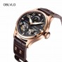 OBLVLO Mens Sport Watches Rose Gold Automatic Watches Tourbillon Calendar Pilot Watches Leather Band OBL8232