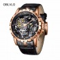 OBLVLO Designer Skeleton Watch Mens Rose Gold Automatic Watches  Brown Leather Strap OBL3603