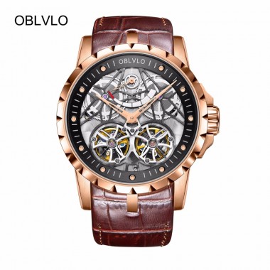 2018 New Designer OBLVLO Luxury Skeleton Watches for Men Military Watches Tourbillon Power Reserve OBL3609