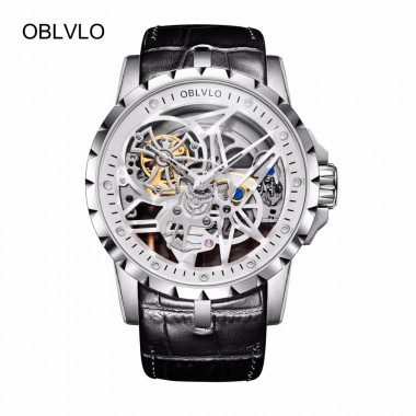 OBLVLO Luxury Open Work Design Mens Watches Skeleton Dial Calfskin Strap Steel Watch Automatic Movement Waterproof OBL3603