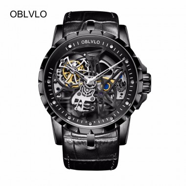 OBLVLO Mechanical Army Military Watches for Men All Black Waterproof Transparent Watches Genuine Leather Strap OBL3603