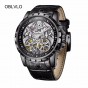 2018 New OBLVLO Mens All Black Watches with Tourbillon Power Reserve Transparent Automatic Watches Leather Strap OBL3609