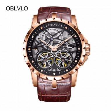 2018 OBLVLO Mens Military Watches Automatic Watches Waterproof Rose Gold Skeleton Watches Brown Leather Strap OBL3606