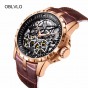 2018 OBLVLO Mens Military Watches Automatic Watches Waterproof Rose Gold Skeleton Watches Brown Leather Strap OBL3606