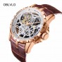 OBLVLO Skeleton Military Watches for Men Analog Display Tourbillon Automatic Watches Brown Leather Strap OBL3603