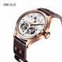 OBLVLO Military Watches for Men White Dial Rose Gold Pilot Watches Brown Leather Band Tourbillon Watches OBL8232