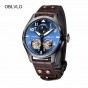 OBLVLO Military Watches for Men Blue Dial Automatic Watches with Moon Phase Complete Calendar Leather Strap Watches OBL8232