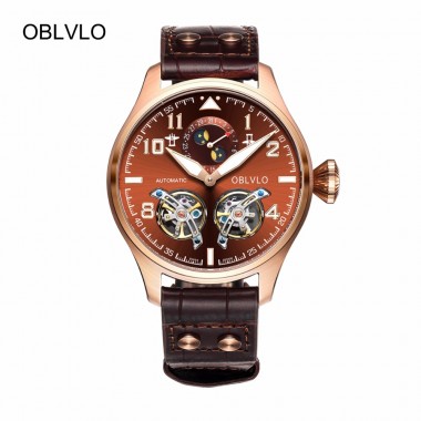 OBLVLO Sport Watches for Men Complete Calendar Brown Dial Automatic Watches Tourbillon Pilot Watches OBL8232