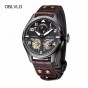 OBLVLO Mens Pilot Watches Tourbillon Moon Phase Complete Calendar Automatic Watches Black Steel Luminous Watches OBL8232