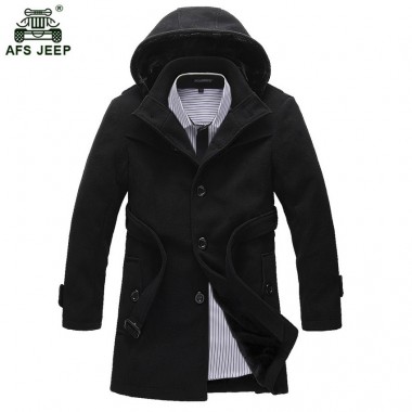Free shipping 2017 Winter Wool Coat Men Casual Medium-long Single Breasted Slim Hood Black Wool Blends Men Trench Coat 118hfx