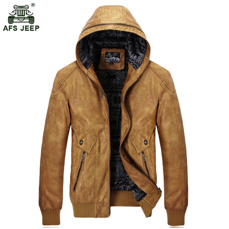 2018 Afs jeep New Men's Winter Moto PU Leather Jacket Casual Hooded ...