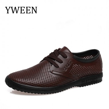 YWEEN Summer Breathable Shoes Men's Casual Shoes Genuine Leather lace up shoes Fashion Summer Shoes Man