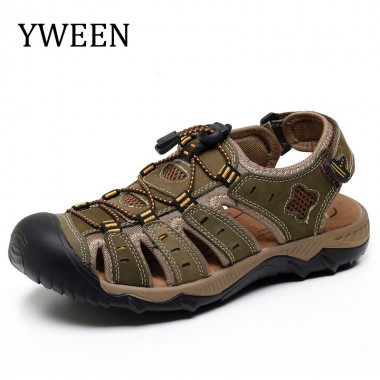 YWEEN Men Sandals Genuine Leather Summer Hollow Breathable Non-slip Casual Outdoors Beach Shoes Large size EUR45-48